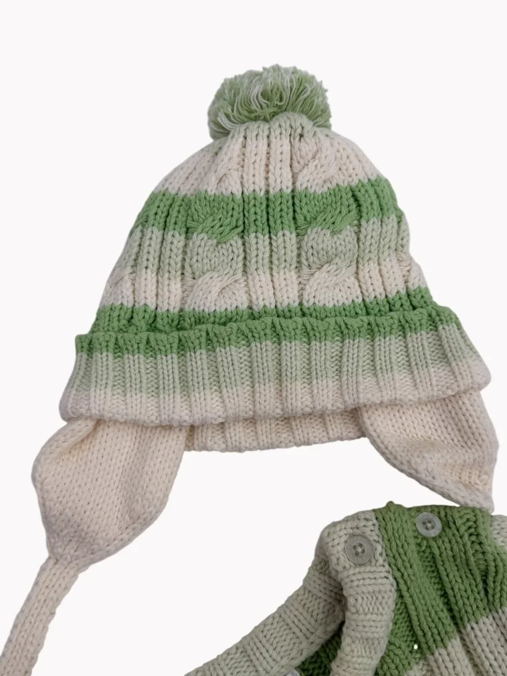 Childrens Place Baby 12M Green Cream Striped Sweater Hat Set Cotton Blend - Picture 5 of 6